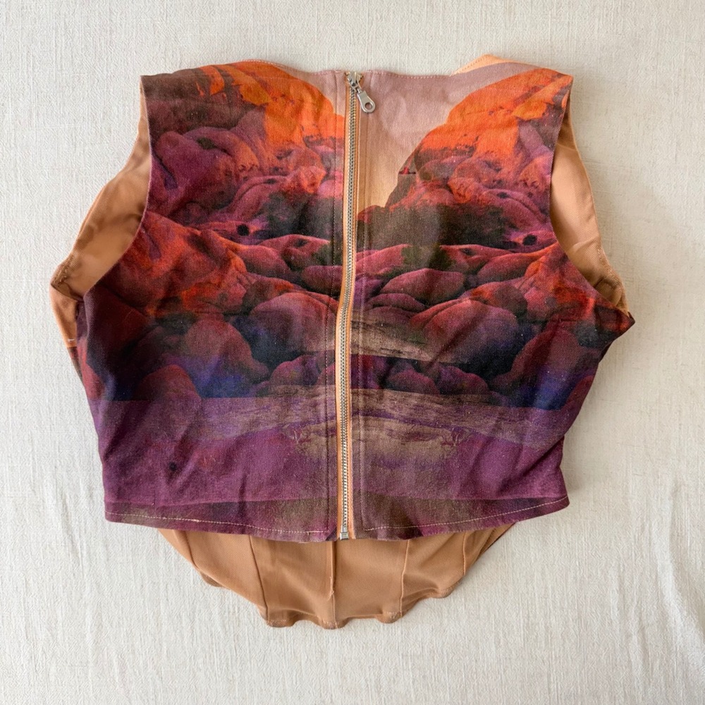 Miaou Campbell Oasis Corset Top Large Orange Desert Waterfall Landscape Boned - Picture 12 of 16